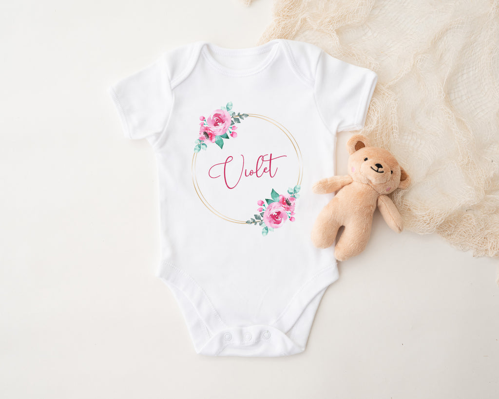 Personalised Baby Outfit – Pink or Blue Floral Rose Wreath Design – Babygrow, Sleepsuit, Vest or Bib – New Baby or Coming Home Gift