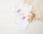 Personalised Baby Outfit – Pink or Blue Floral Rose Wreath Design – Babygrow, Sleepsuit, Vest or Bib – New Baby or Coming Home Gift