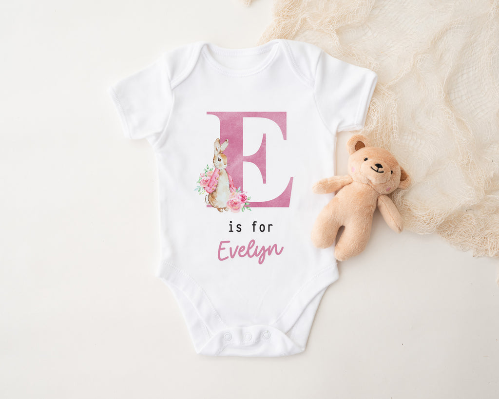 Personalised Baby Outfit with Rabbit & Initial – Pink or Blue Sleepsuit, Vest or Babygrow – New Baby Gift