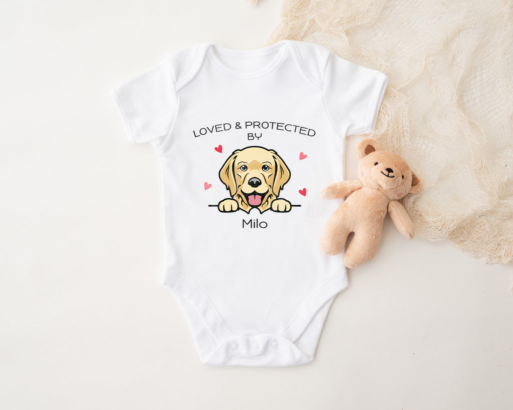 Personalised ‘Protected by Dog’ Baby Grow – Custom Dog Name & Breed